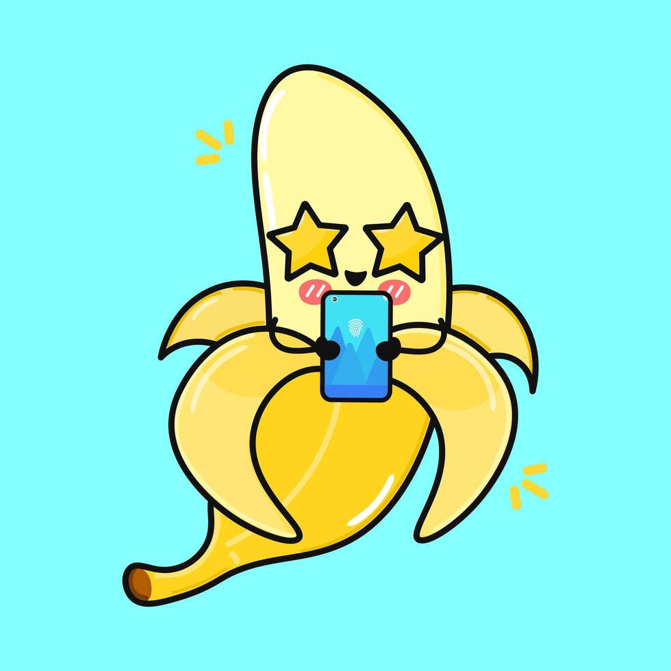 A cheerful Banana cartoon character using a smartphone with star-shaped eyes, on a blue background. vector
