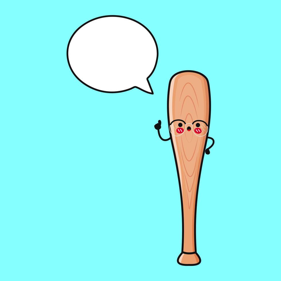 Cartoon Baseball Bat character sporting glasses, pointing with speech bubble against blue backdrop vector