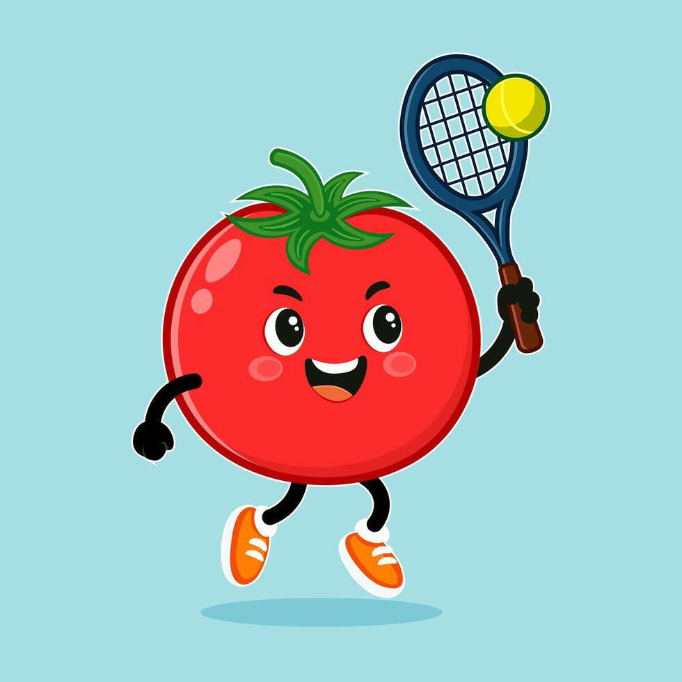 A Tomato cartoon character enthusiastically plays a game of tennis with a smile. vector