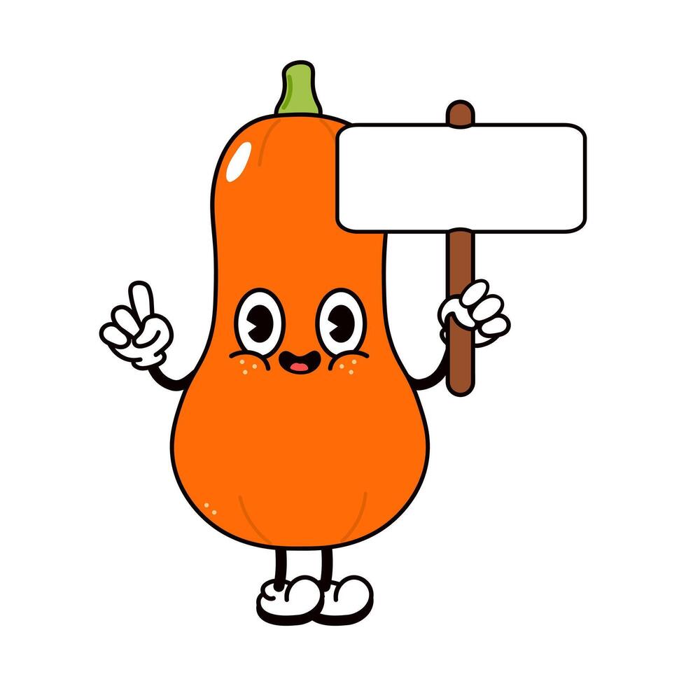 Cartoon Butternut Squash character holds a blank sign for your message. vector