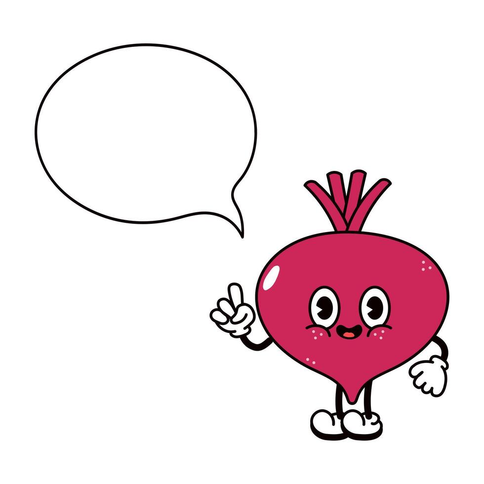 A cute cartoon Beet character presents an idea with a speech bubble. vector