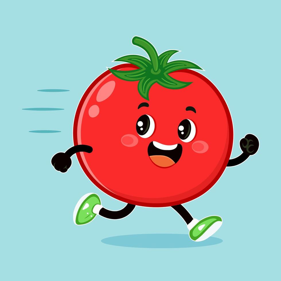 A cartoon Tomato runs with a big smile on its face against a blue backdrop. vector