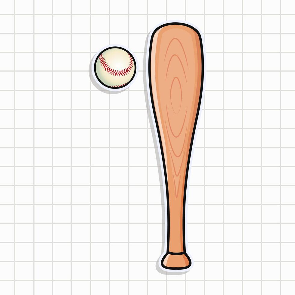 Illustrated Baseball with a wooden Bat, shown on a clean white background with a grid. vector