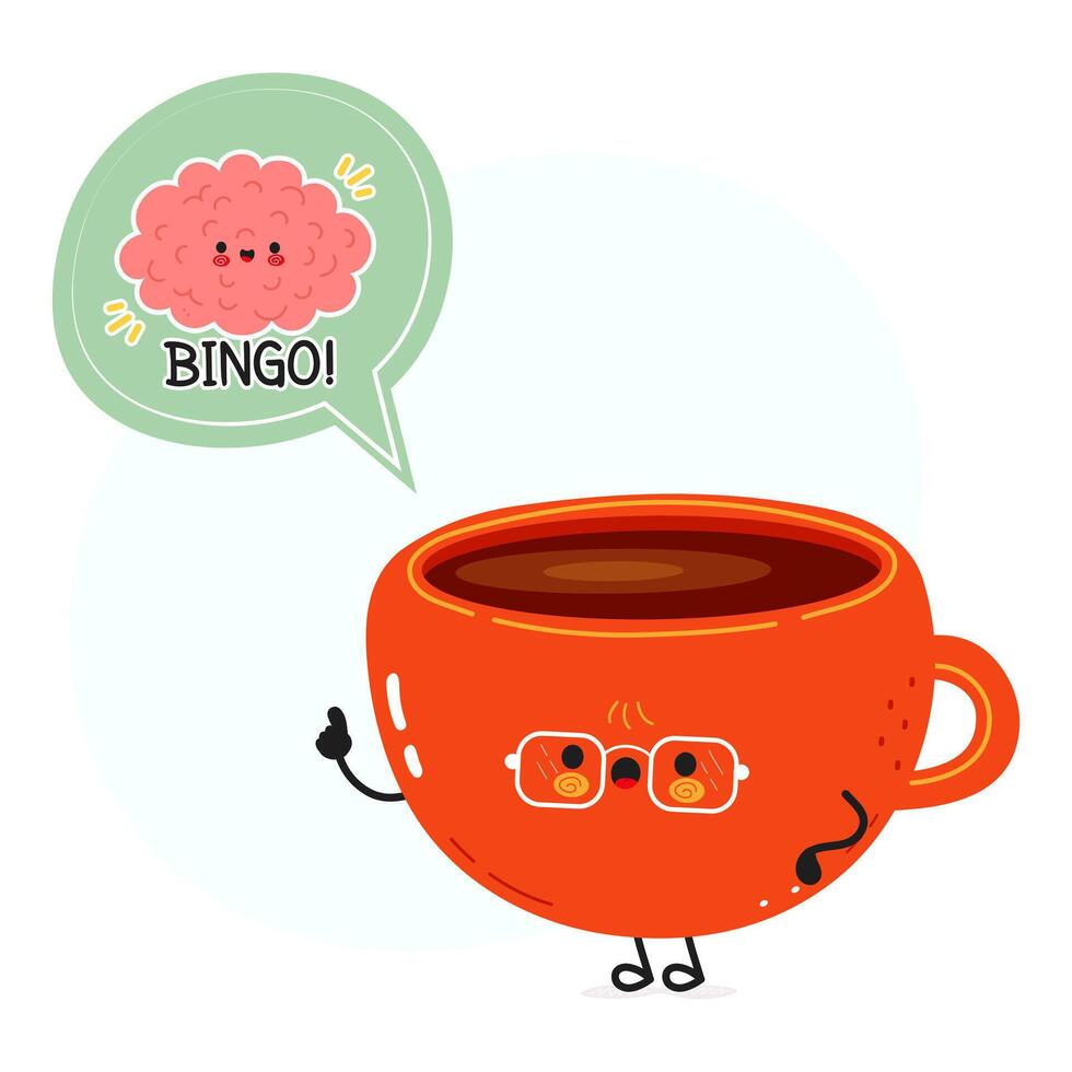 Coffee cup character having a good idea, brain saying bingo, funny illustration about benefits of coffee vector