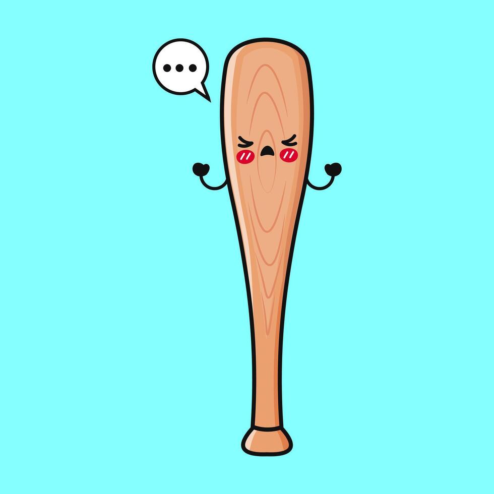 A grumpy Baseball Bat cartoon character is showing off their anger, with a teal backdrop. vector
