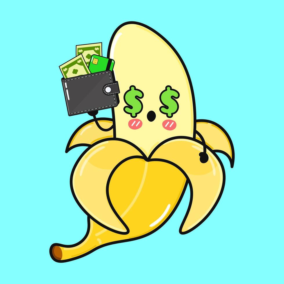 An adorable cartoon Banana character happily holding a wallet full of cash, and a credit card. vector