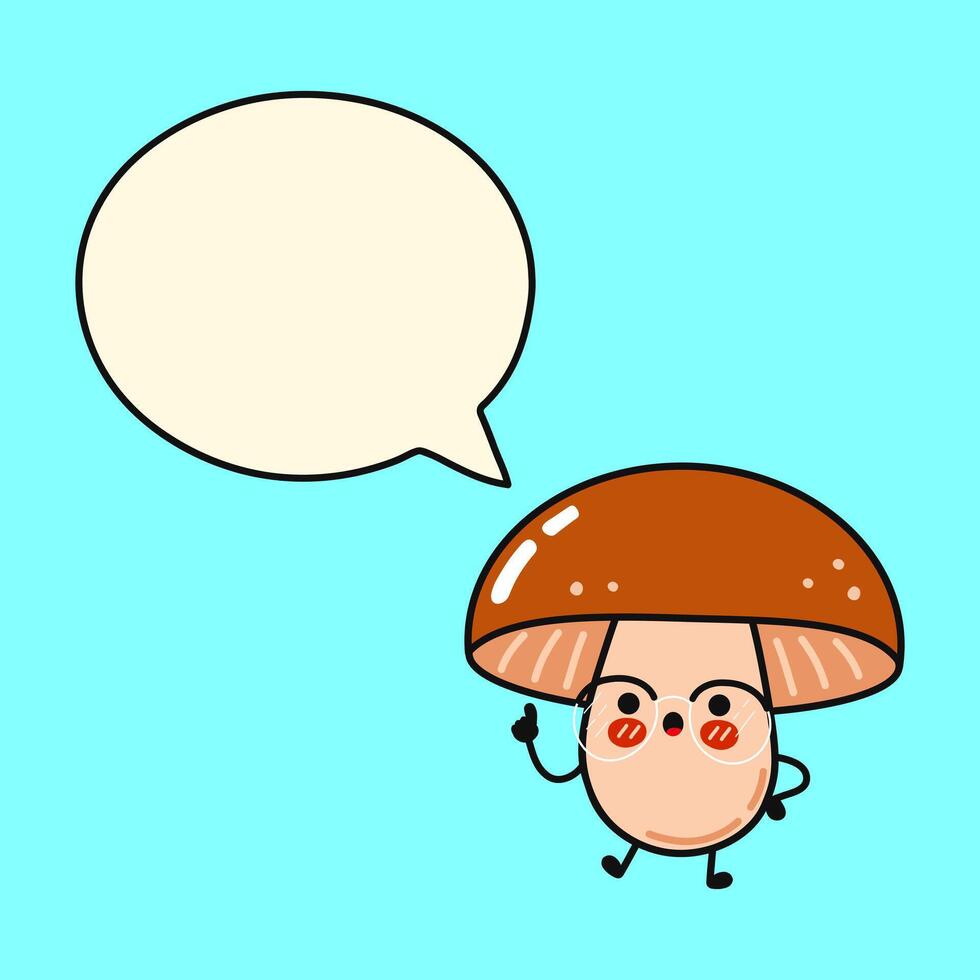 Cute mushroom cartoon character raising finger and speaking with speech bubble on blue background vector