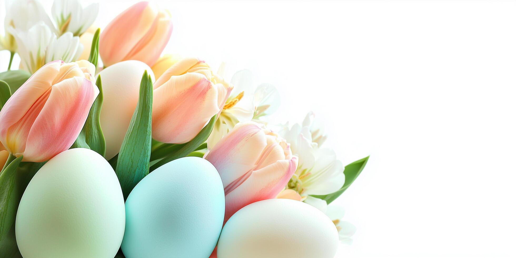 Pastel tulips and easter eggs, springtime floral arrangement, delicate colors photo