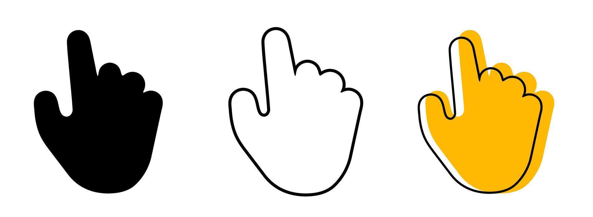 Hand Cursor Icon Set. Black Silhouette, Outline, and Yellow shape Illustrations for Pointer, Click, Select, and Web Navigation. Hand Cursor or hand Click Outline, and Silhouette icon. vector