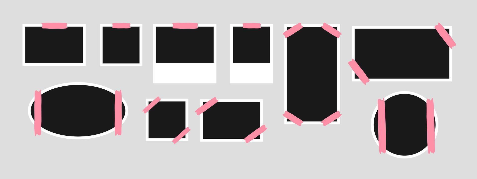 A Set of Blank Photo Frames with Pink Tape, Including Rectangular, Square, and Oval Shapes. Blank Photo Frames bundle. vector