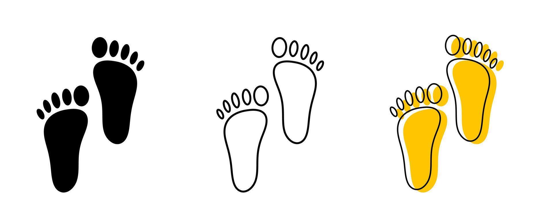 Human Footprints Icon Set. Black Silhouette, Outline, and Yellow shape Illustrations for Walk, Path, Journey, and Baby Feet Concepts. Footprint Outline, and Silhouette icon. vector