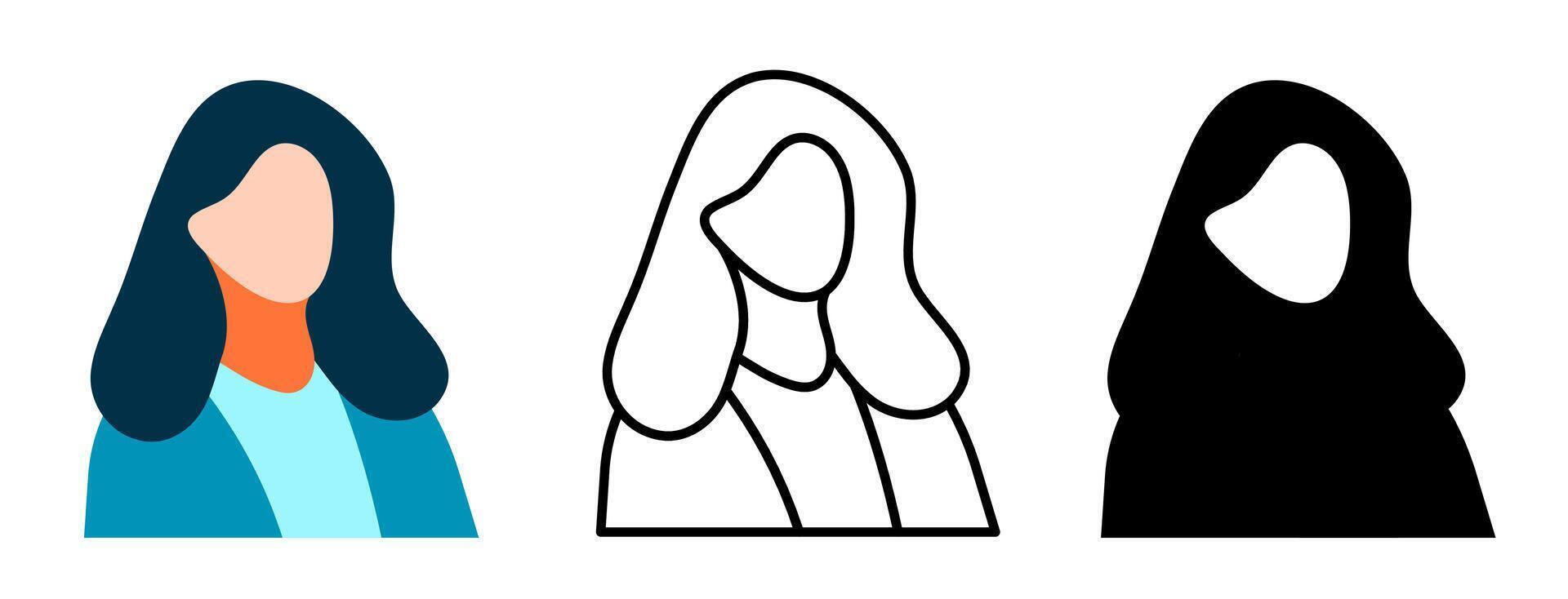 Diverse Anonymous Female, girl, women User Avatars Flat Design, Outline, and Silhouette Icon set illustration for used Web and Apps Outline Silhouette vector