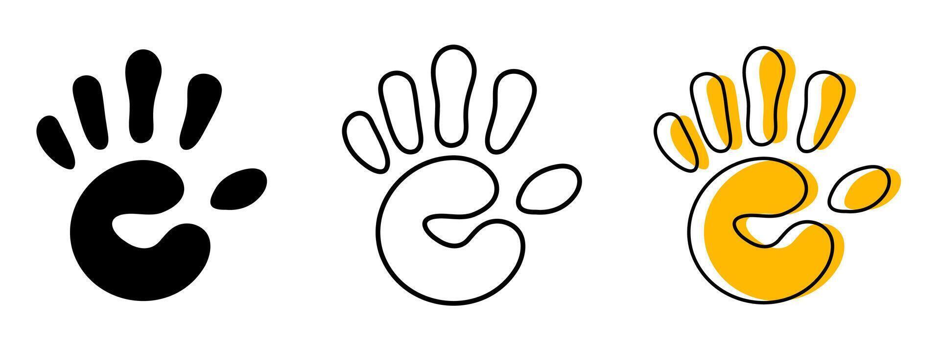 Handprint Icon Set. Black Silhouette, Outline, and Yellow Shape Illustrations for Baby Print, Child Safety, Support, and Creative Art. child Handprint Outline, and Silhouette icon. vector