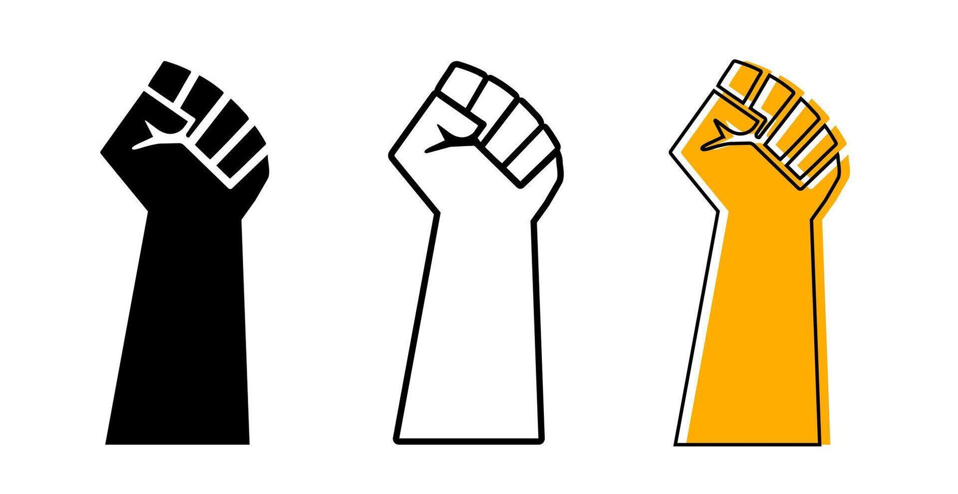 Raised Fist Icon Set. strong hand rising icon Black Silhouette, Outline, and Yellow Duotone Illustrations for Protest, Power, Revolution, and Solidarity Movements. Raised Fist Outline icon. vector
