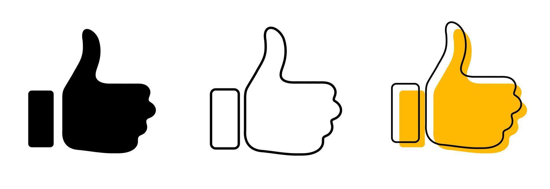 Thumbs Up Icon Set. Black Silhouette, Outline, and Yellow shape Illustrations for Like, Good, Approve, Social Media, and Positive Feedback. like or Thumbs Up Outline, and Silhouette icon. vector