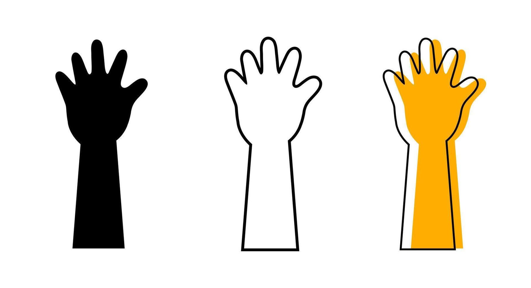 Raised Open Hand Icon Set. Black Silhouette, Outline, and Yellow Duotone Illustrations for Asking, Volunteering, and Showing Support. Raised Open Hand Outline, and Silhouette icon. vector