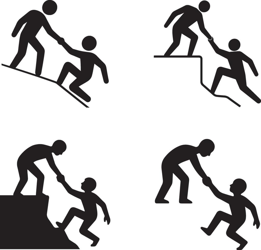 Helping person up from fall in flat black silhouette design set illustration bundle vector
