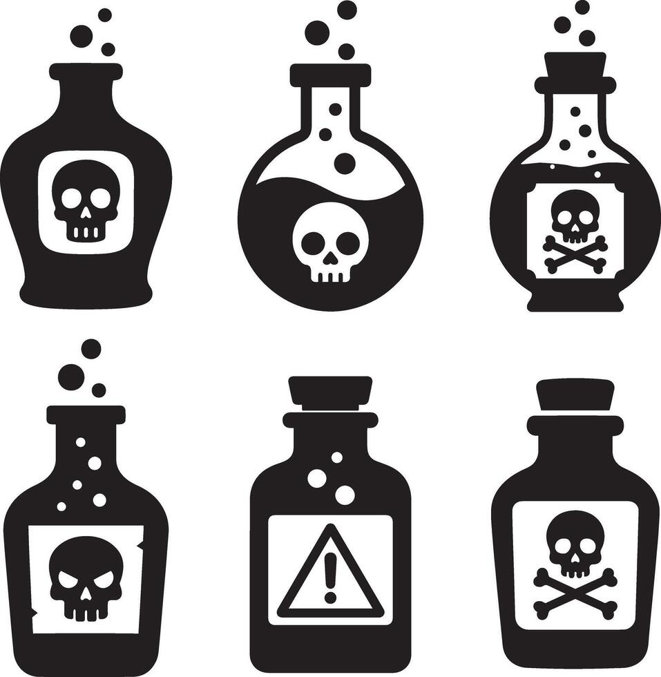 Potion bottle bundle in flat black silhouette design with toxic warning icons set illustration vector