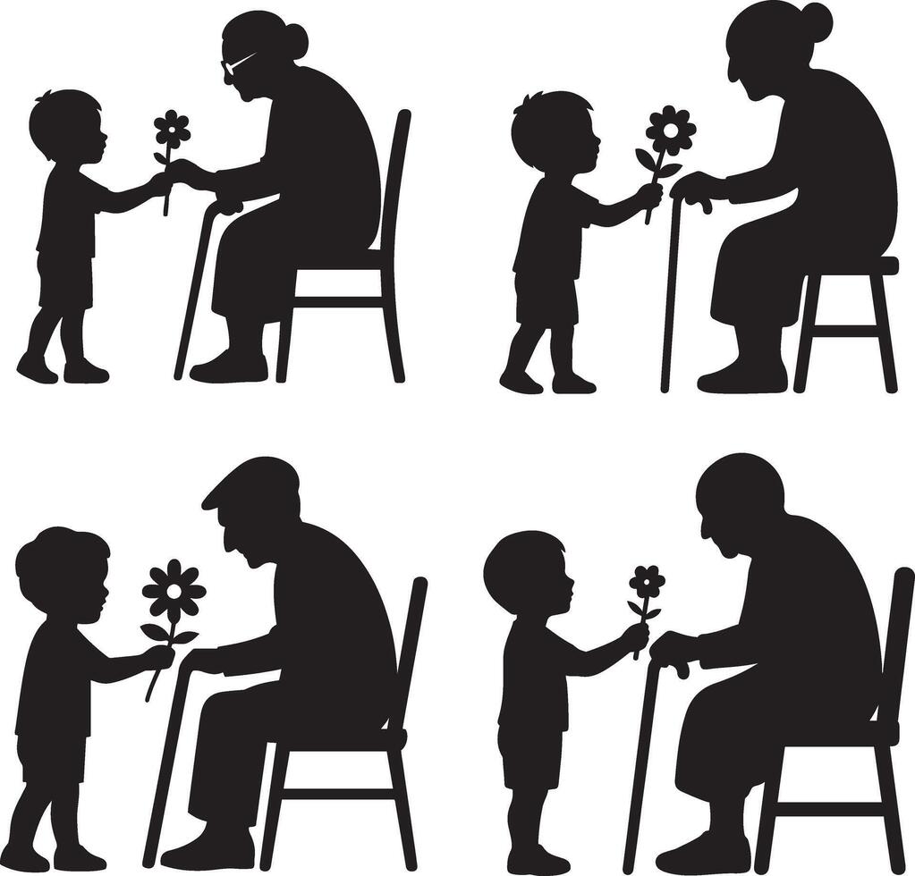 Child giving flower to elderly in flat black silhouette design set illustration vector