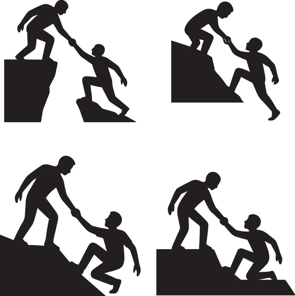 Helping hand pulling person up in flat black silhouette design set illustration bundle vector