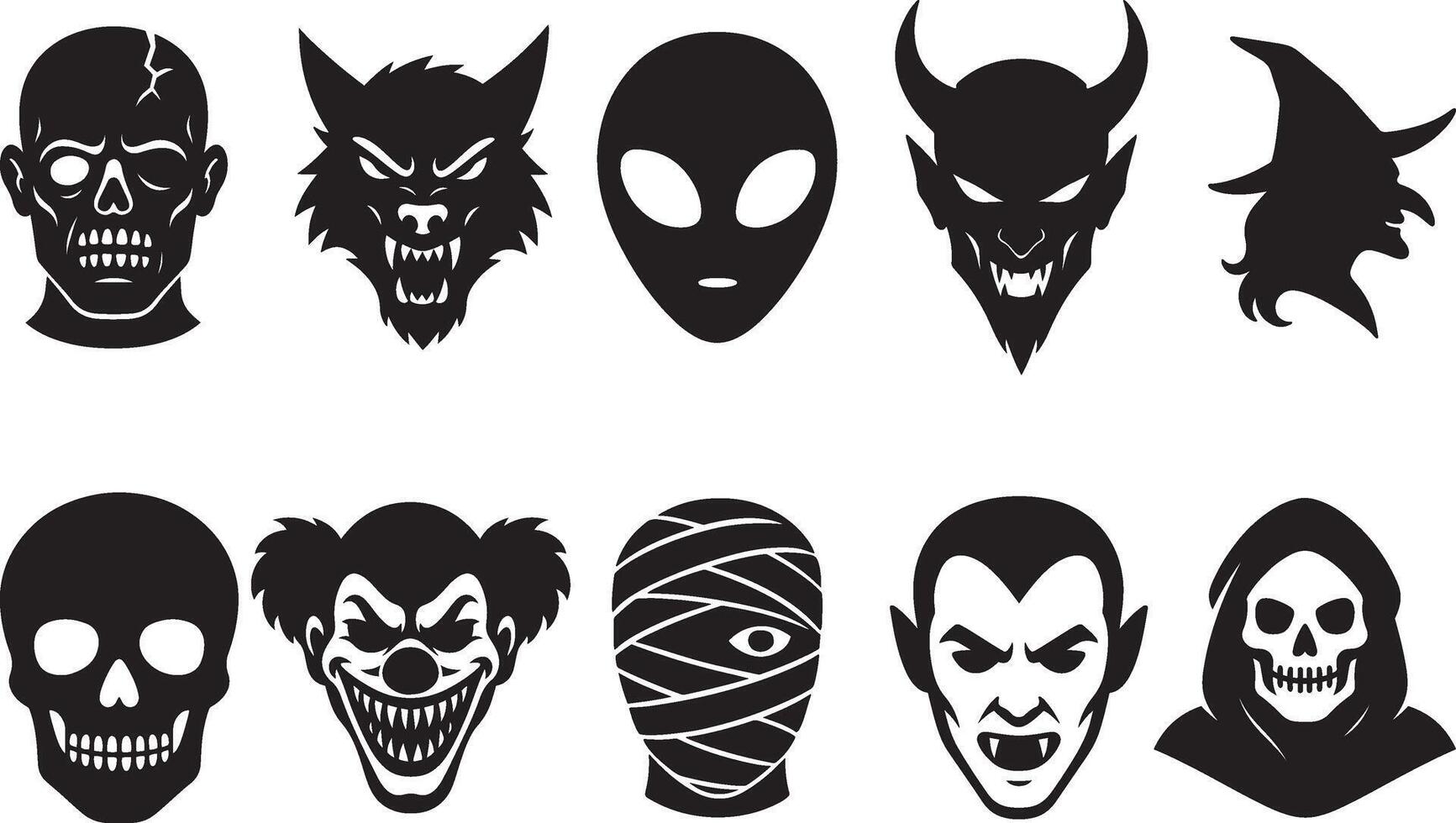 Horror monster face bundle in flat black silhouette illustration set featuring classic spooky characters vector