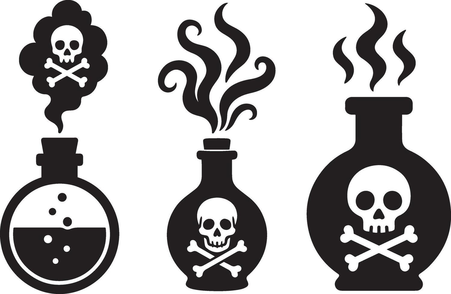 Fuming poison bottles in flat black silhouette design with skull icons set illustration vector