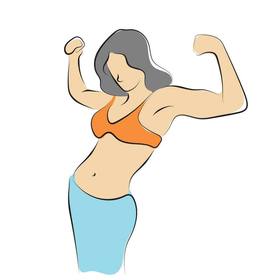 Strong woman flexing muscles illustration hand drawn with black lines isolated on white background. vector