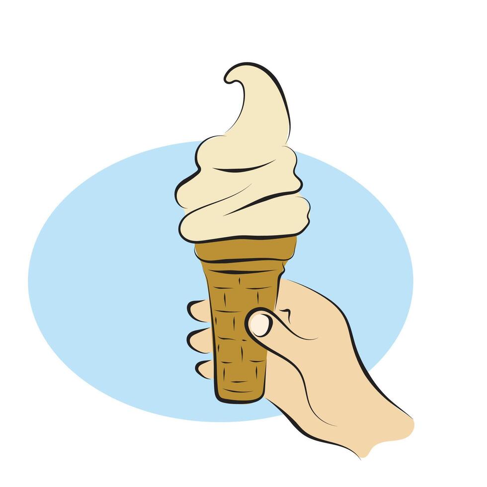 closeup hand holding an ice cream cone illustration hand drawn with black lines isolated on white background. vector