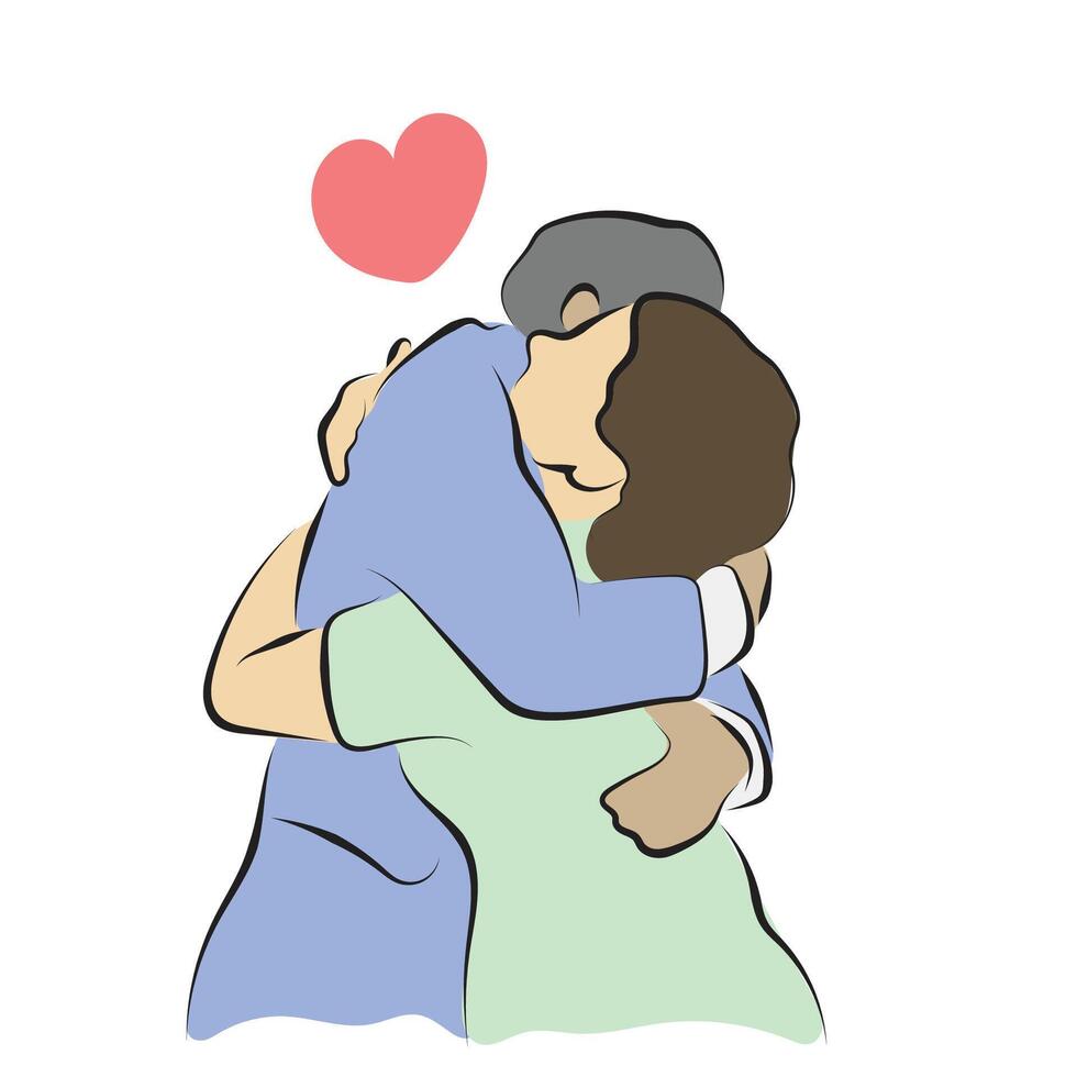 Man hugs his girlfriend illustration hand drawn with black lines isolated on white background. vector