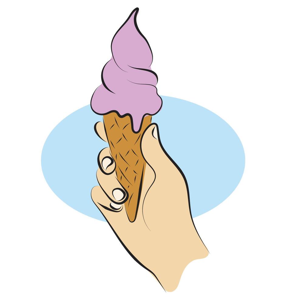 closeup right hand holding strawberry ice cream cone illustration hand drawn with black lines isolated on white background. vector