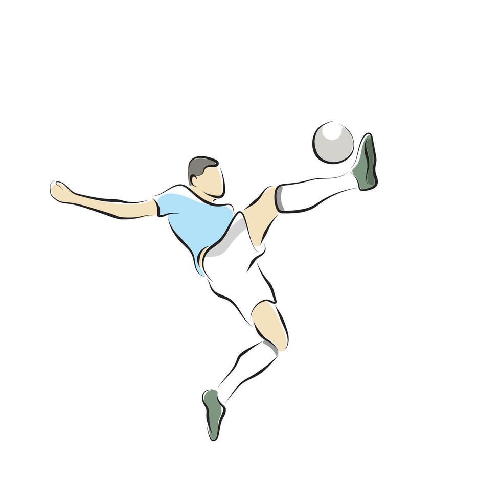 male soccer player jumping to shoot ball illustration hand drawn with black lines isolated on white background. vector