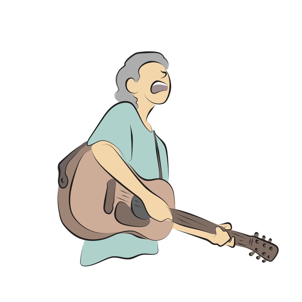 Young man playing acoustic guitar and singing illustration hand drawn with black lines isolated on white background. vector