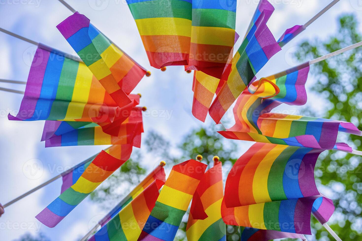 bottom view gay pride flags raising up in the air,lgbt community equality movements gathering in the park photo