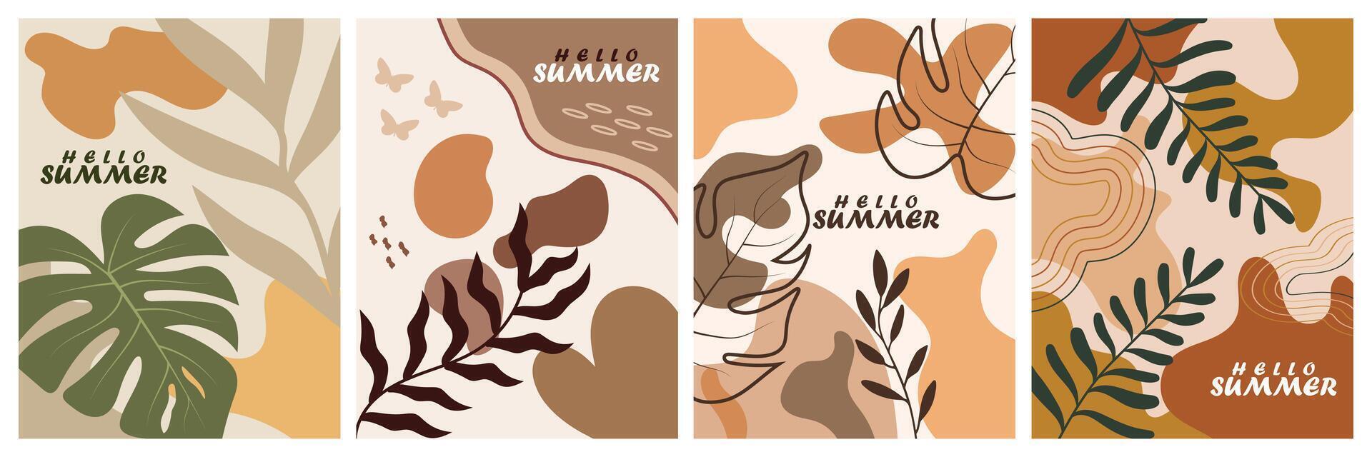 Vibrant and minimalist plant based cards with abstract leaves for creative posters, covers, ads, banners, and brand label designs vector