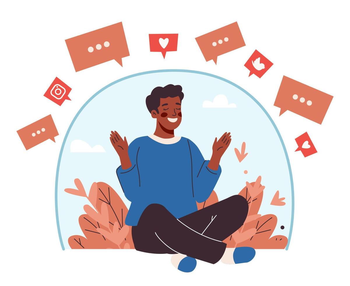 Man Meditating in Social Media Digital Detox. vector