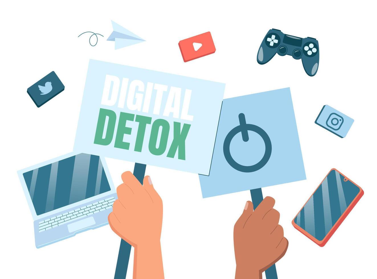 Digital Detox. Hands Hold Sign Prohibiting Gadgets vector