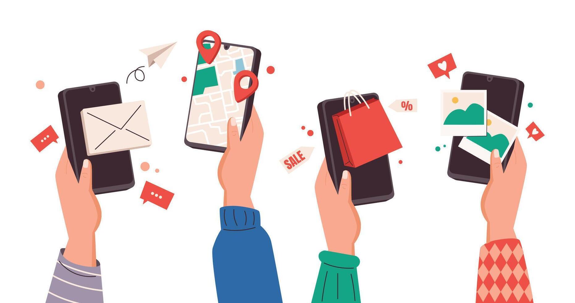 Set of Hands Holding Smartphones with Apps. vector