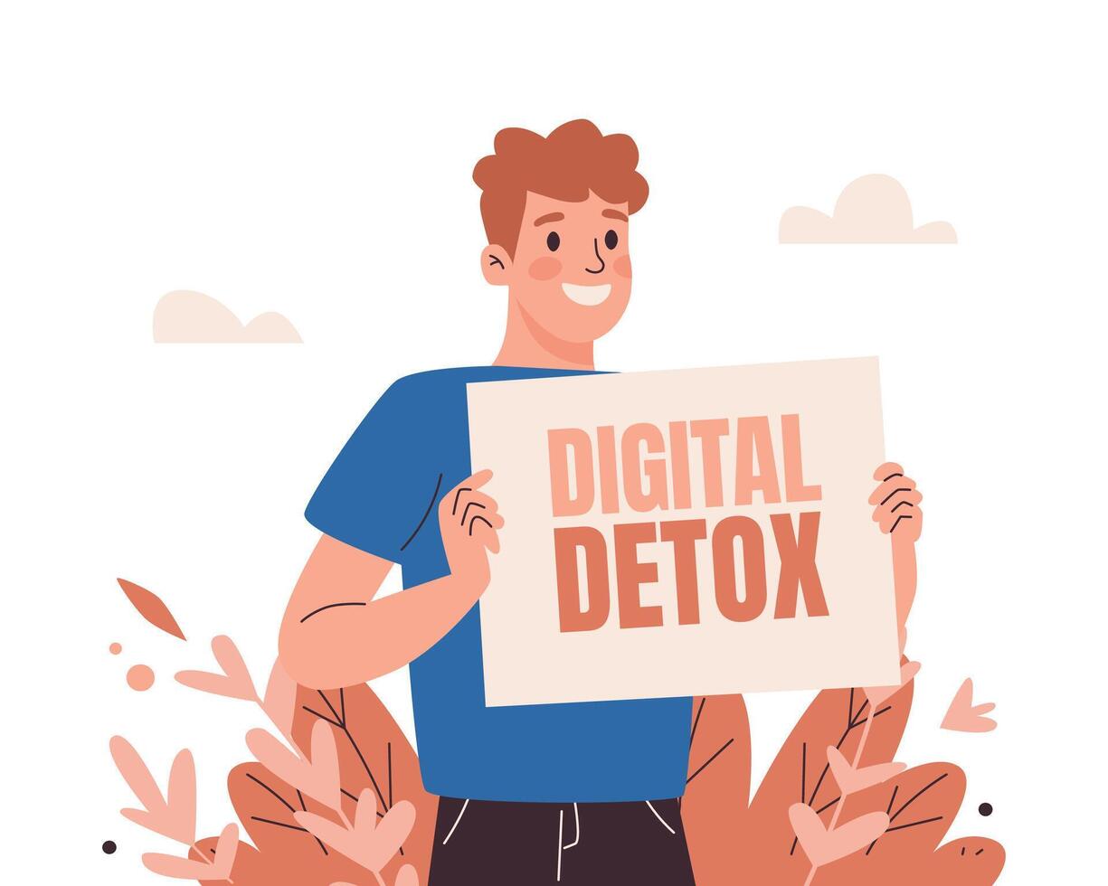 Man with Digital Detox Sign, Day Free of Devices. vector