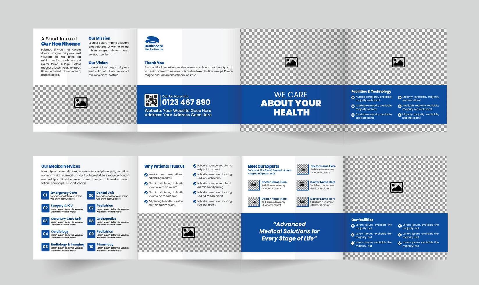 Professional Medical and Healthcare Square Four-Fold Brochure design template, perfect for clinics, hospitals, and health services promotion vector