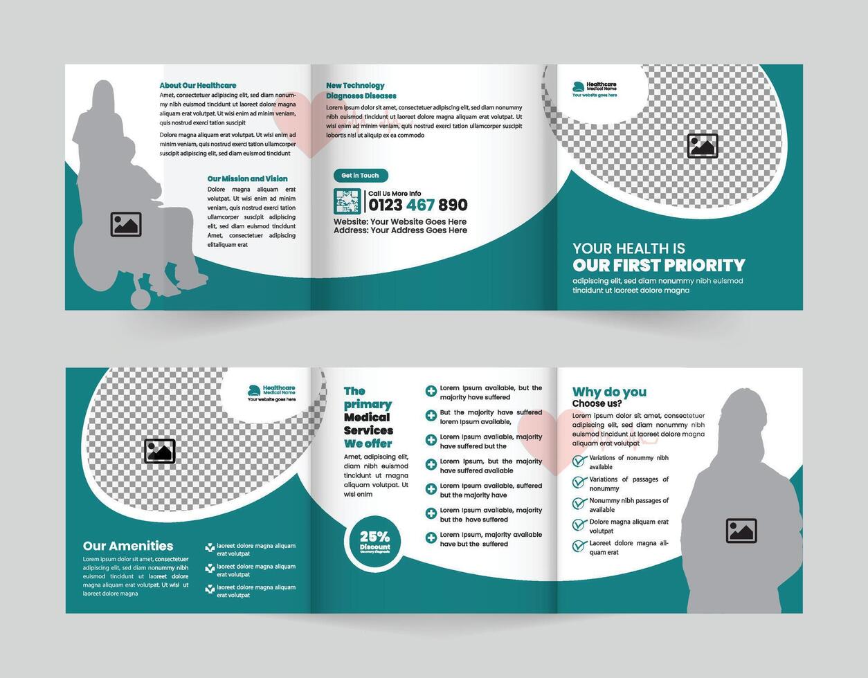Medical Business Square Trifold Brochure Design for Hospitals, Clinics, or Healthcare Services. Modern layout for treatment, checkup, and medical care promotion vector