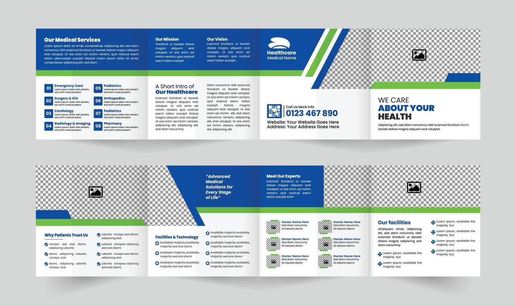 Modern, clean medical and Healthcare Square Four-Fold Brochure design template, perfect for clinics, hospitals, and health services promotion. Fully editable and print-ready. vector