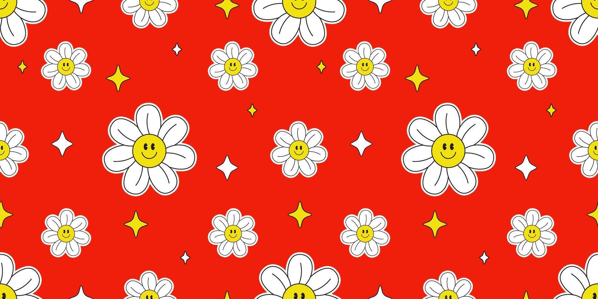 Cute Smiling Daisy Groovy Style Seamless Pattern in Red Background. vector