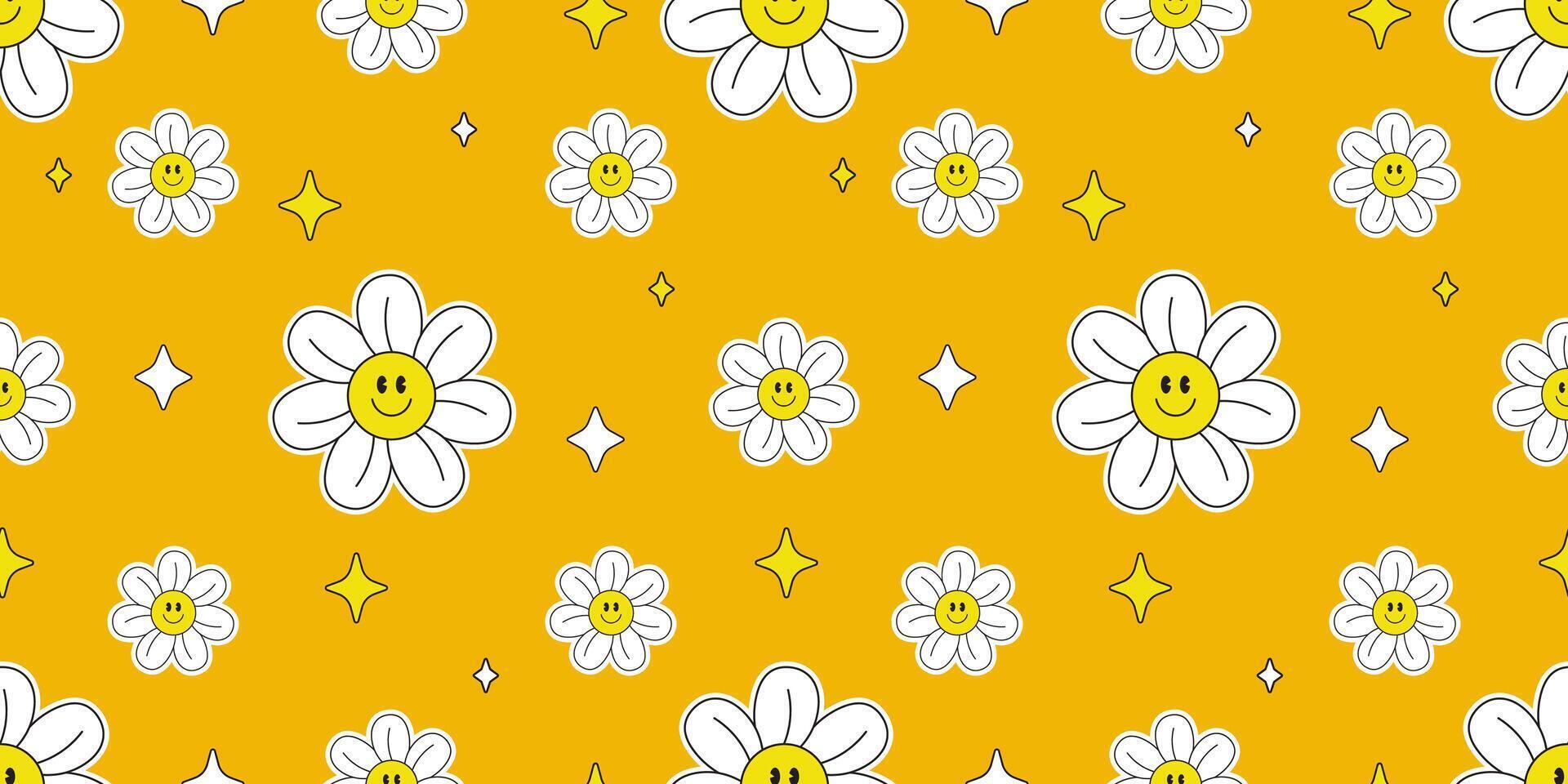 Cute Smiling Daisy Groovy Style Seamless Pattern in Yellow Background. vector