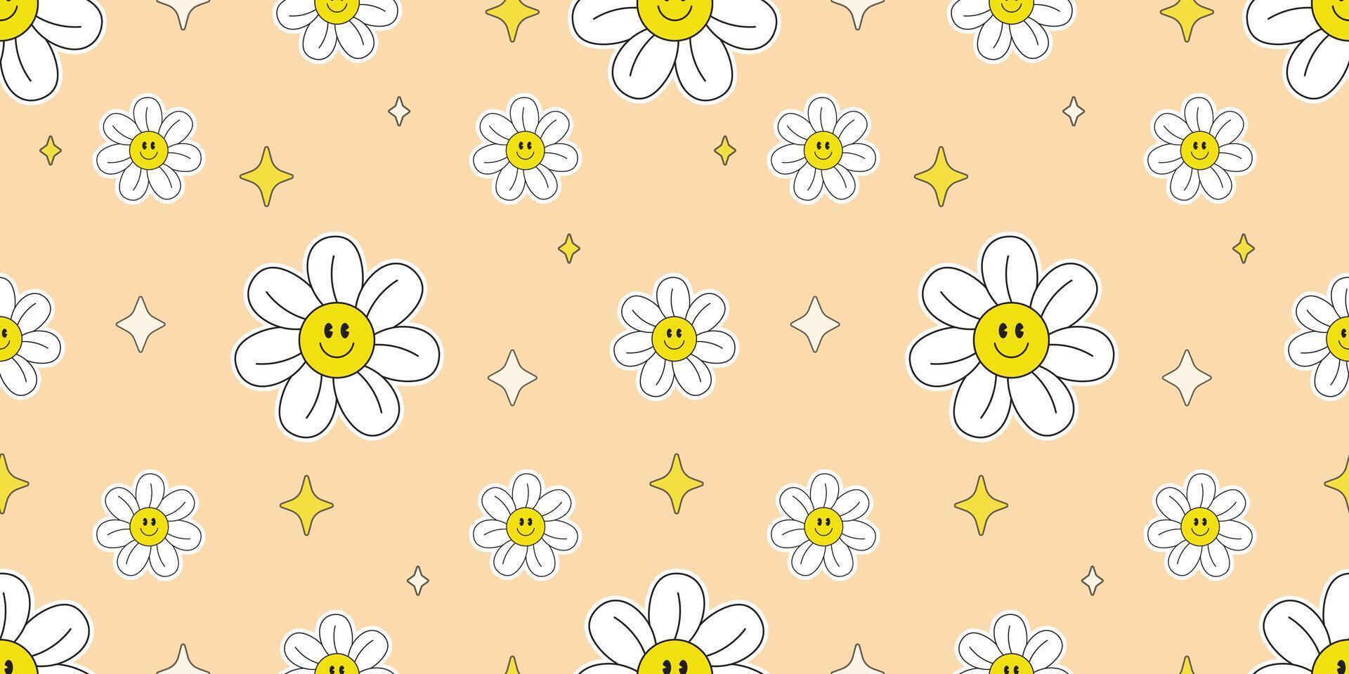 Cute Smiling Daisy Groovy Style Seamless Pattern in Peach Background. vector