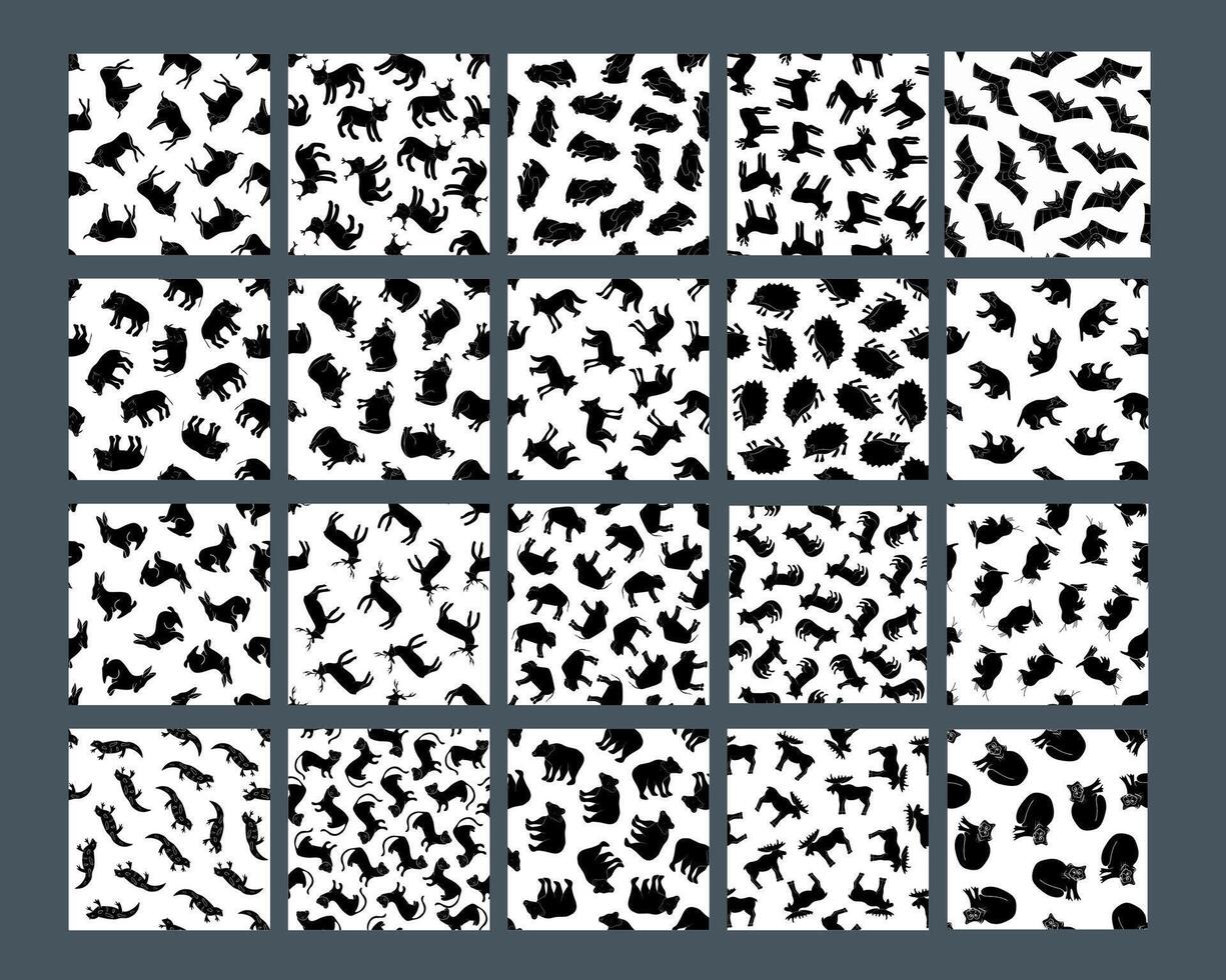 A variety of patterns featuring silhouettes of wild animals covers a white surface vector