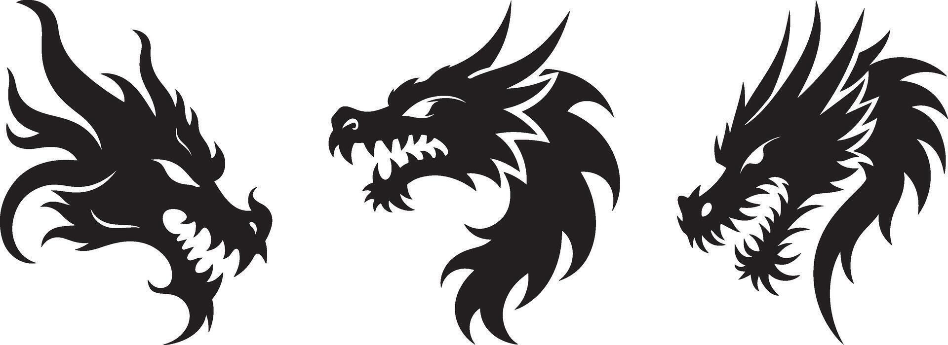 Powerful Dragon Face Silhouette Set Illustration In Style On White Background vector