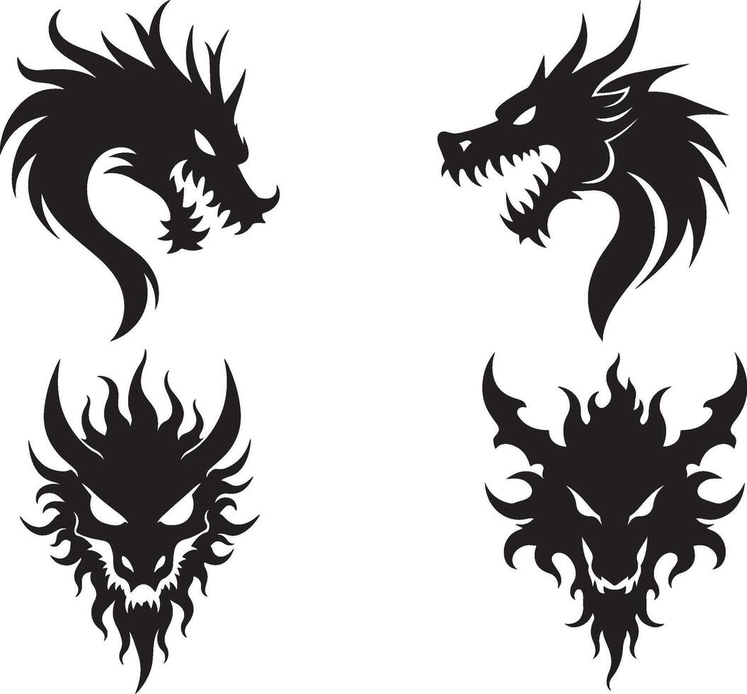 Dragon Head Logo Set with Flame Detail On White Background vector
