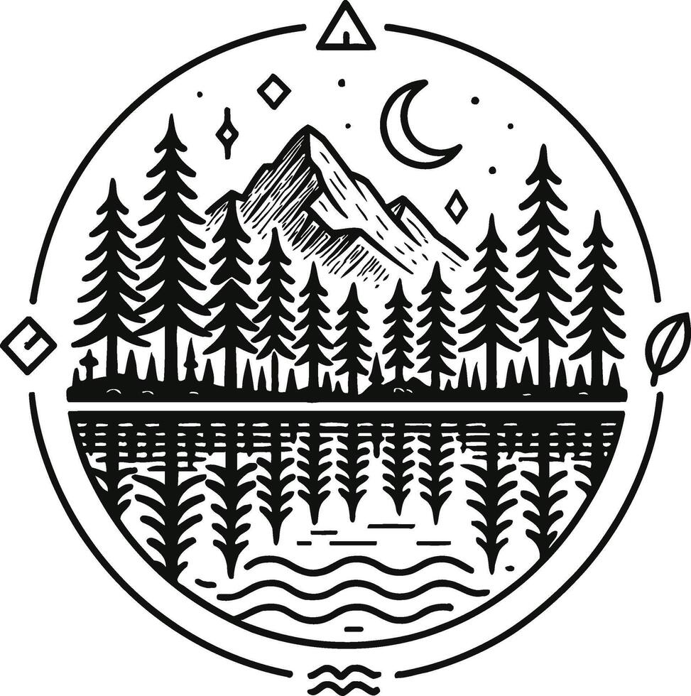 Black and White Line Art Nature Scene with Mountains, Forest, and Lake Reflection Pro vector