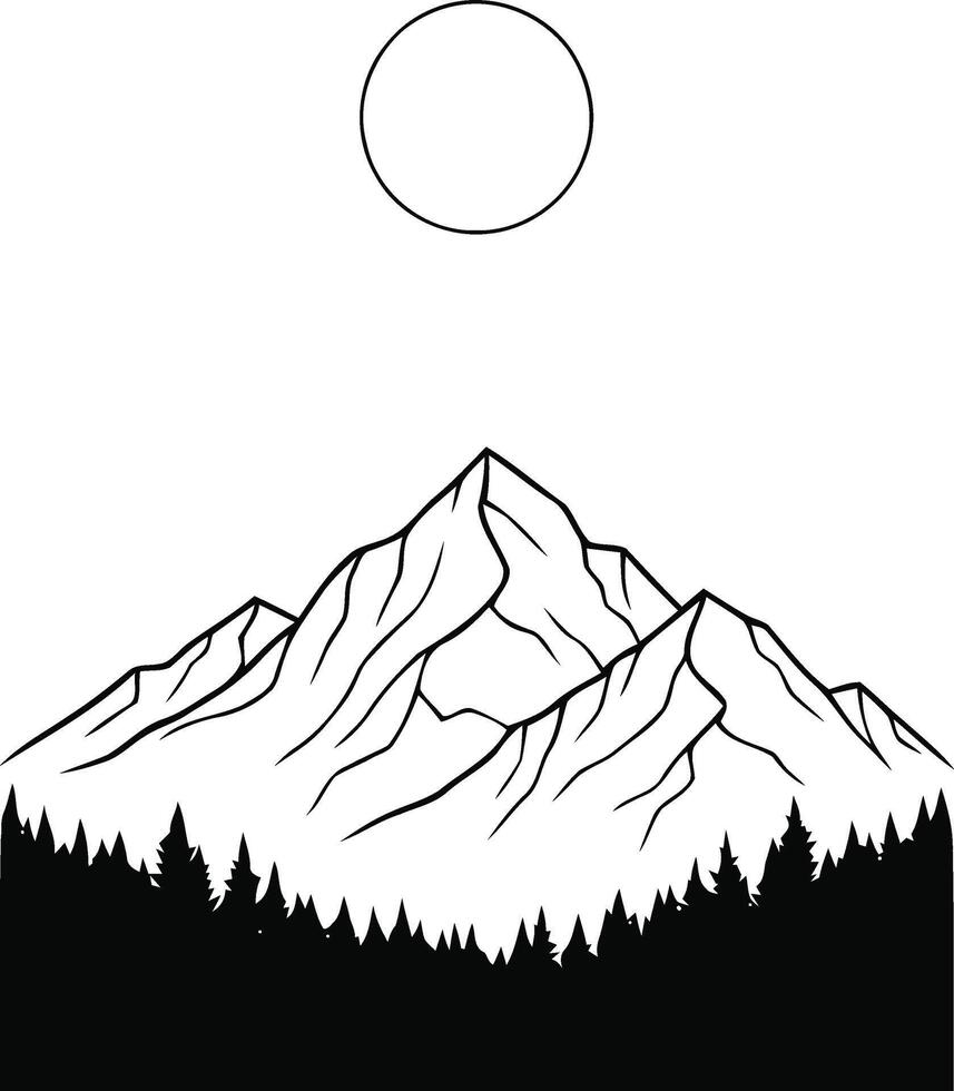 A minimalist mountain and forest design beneath a simple moon, clean art ideal for versatile creative projects. Pro vector