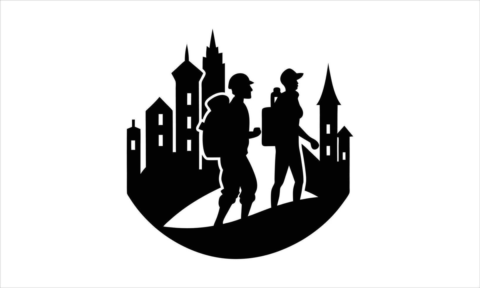 Hikers exploring medieval cityscape silhouette vector